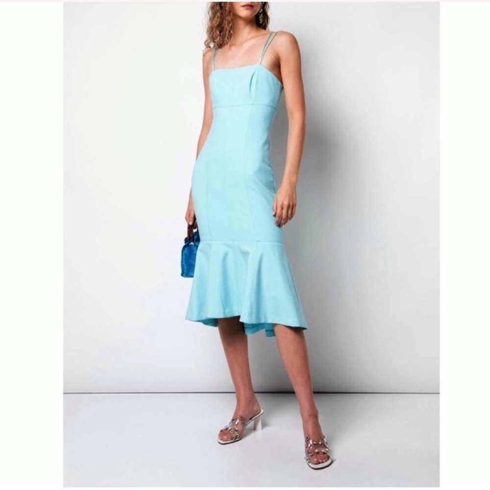 Brand New with tag! Cinq a sept Light Blue Fitted Midi Dress with Flounced Hem.